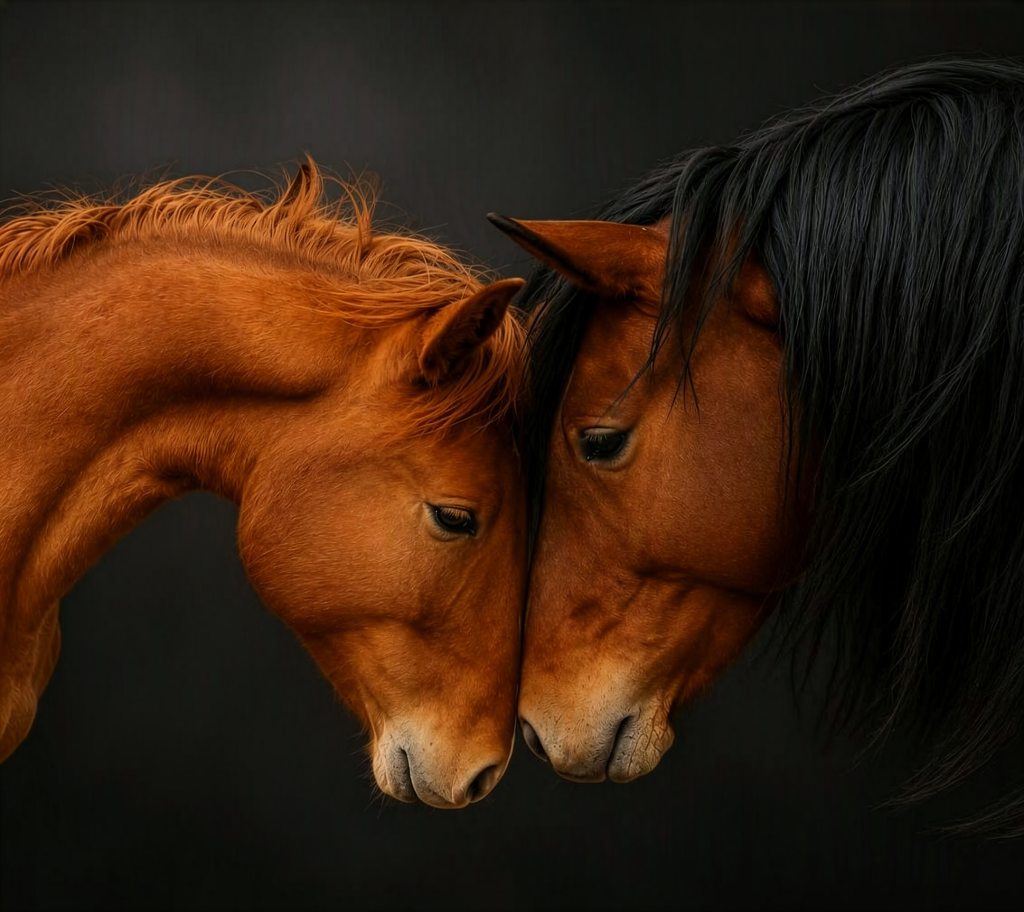Two horses, one with a warm chestnut brown coat and mane, and the other with a dark black mane, touching noses against a dark studio background.